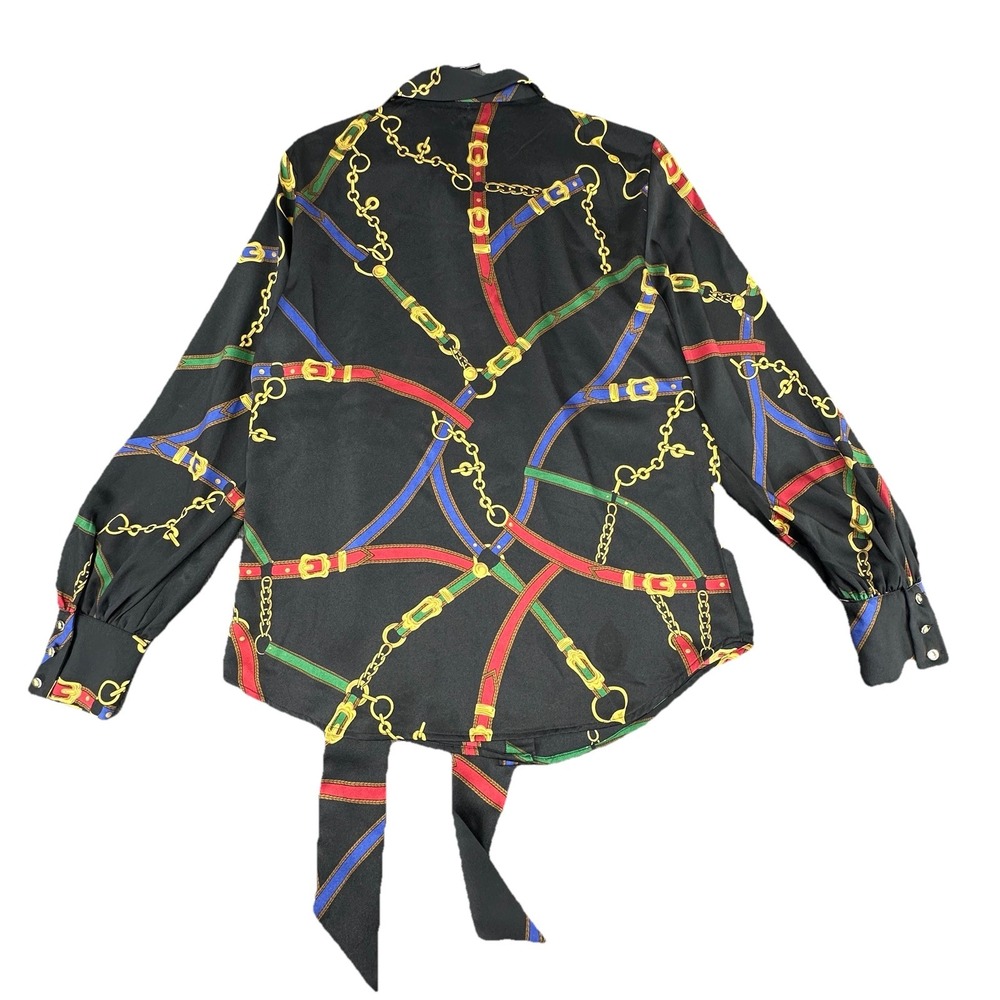 Lauren‎ Ralph Lauren Equestrian Chain Print Blouse Preppy Scarf Tie Neck Size M - Picture 2 of 10